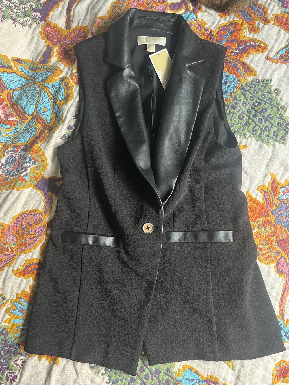 Women's Black Sleeveless Blazer Vest with Faux Leather Trim